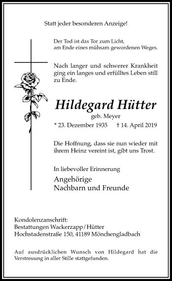 Alle Traueranzeigen F R Hildegard H Tter Trauer Rp Online De