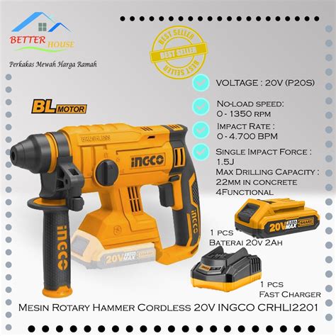 Jual Mesin Bor Palu Rotary Hammer Cordless 20v Baterai 2ah Ingco