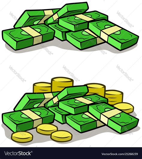 Cartoon money stack piles of cash and coins Vector Image