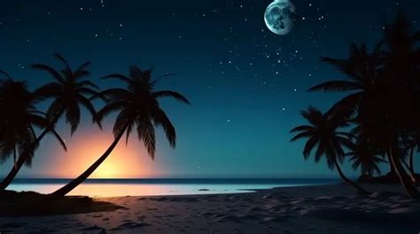 Enchanting Tropical Summer Night Palm Trees Star And Moon Silhouettes