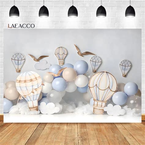 Laeacco Hot Air Balloon Party Scene Backdrop Blue Balloons Cloud Girl