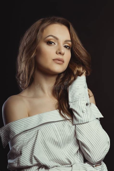 Lovely Brunette Model Posing In Men S Shirt At Studio Stock Photo Image Of Skin Person