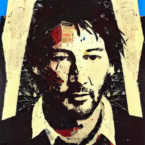 Portrait Of Keanu Leaves Paper Collage Mimmo Rotella Stable