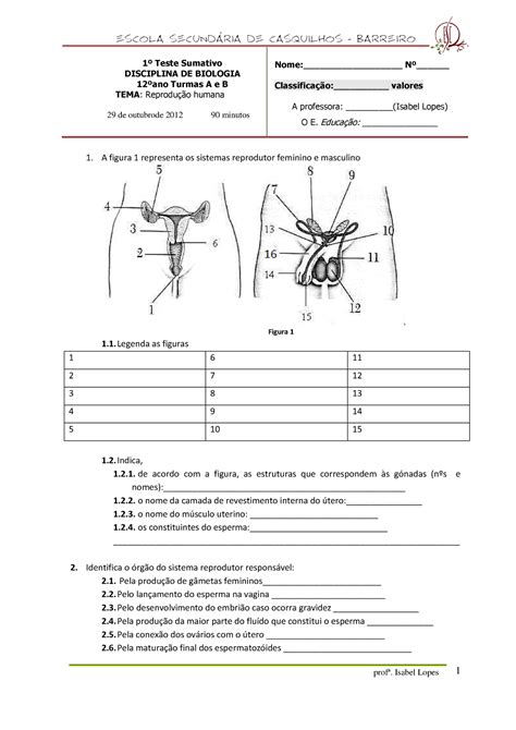 Teste reproduc 3a7c3a3o humana profª Isabel Lopes 1 ESCOLA SECUND