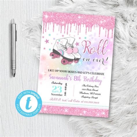 Roller Skating Birthday Invitation Instant Download Lets Roll On Over