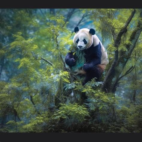 Premium Photo | Panda sitting in a tree eating bamboo in a forest ...