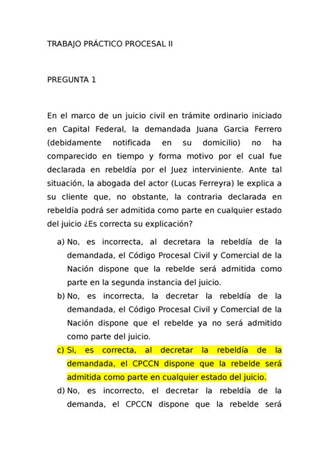 Trabajo Pr Ctico Procesal Ii Trabajo Pr Ctico Procesal Ii Pregunta