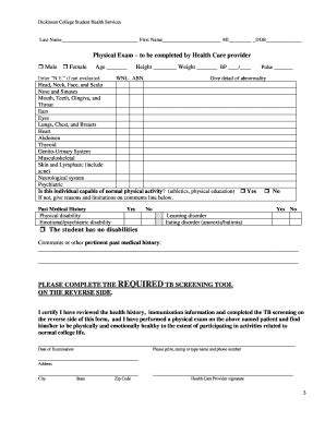 Fillable Online Physical Exam Dickinson College Fax Email Print