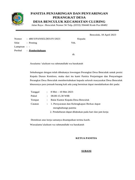 Pendaftaran Perangkat Desa Benculuk Pdf