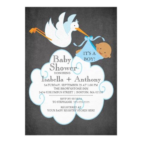 Stork Chalkboard African American Boy Baby Shower Custom Invitations