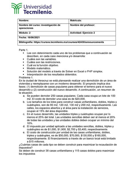 Actividad 2 IO Investigacion De Operaciones Nombre Matricula Nombre