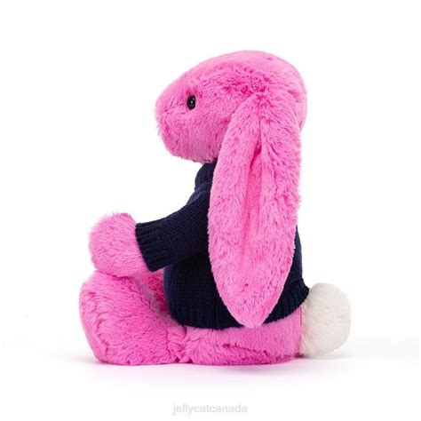 Jellycat Bashful Bunny With Personalised Navy Jumper Hot Pink BV TH