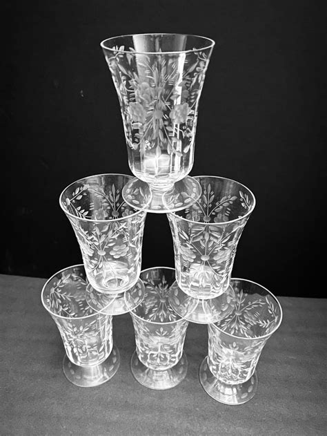 6 Antique Etched Cut Crystal Footed Juice Glasses Set Of 6 Flower And Branch Motif Etsy In