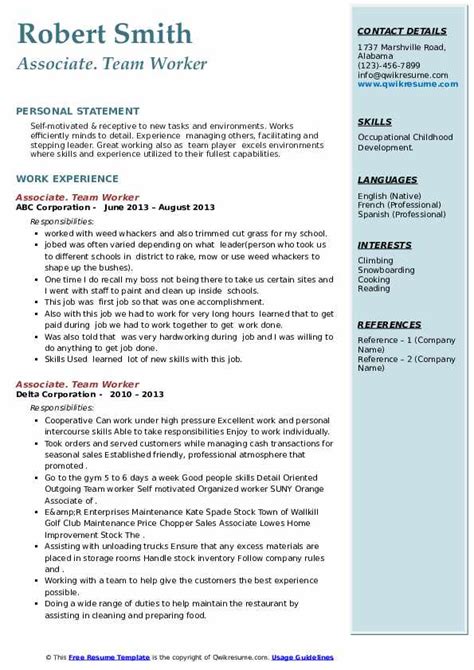 Team Worker Resume Samples | QwikResume