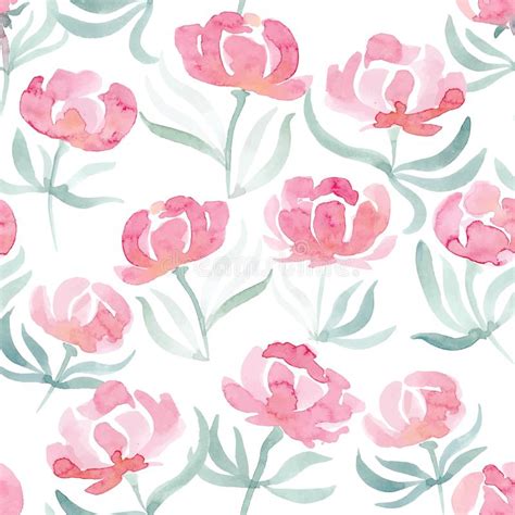 Hand Drawn Watercolor Peonies Seamless Vector Pattern Ilustração Stock