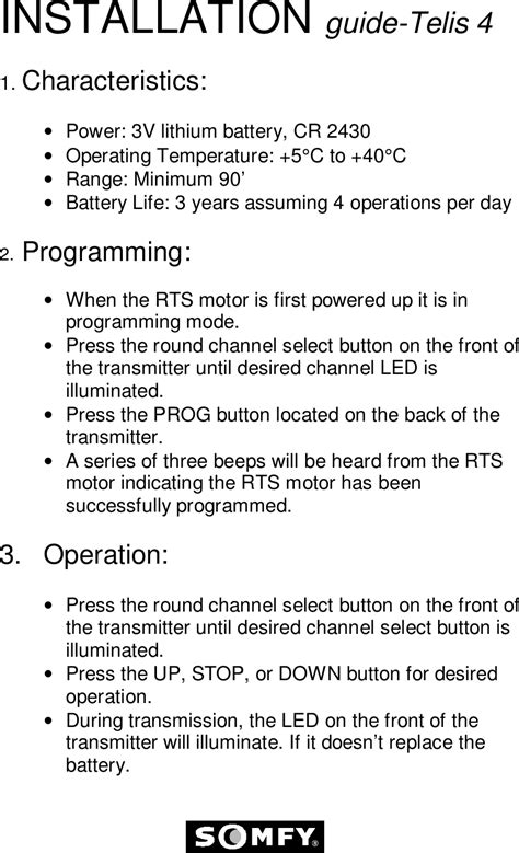 Somfy Systems Telis User Manual Operation Instruction