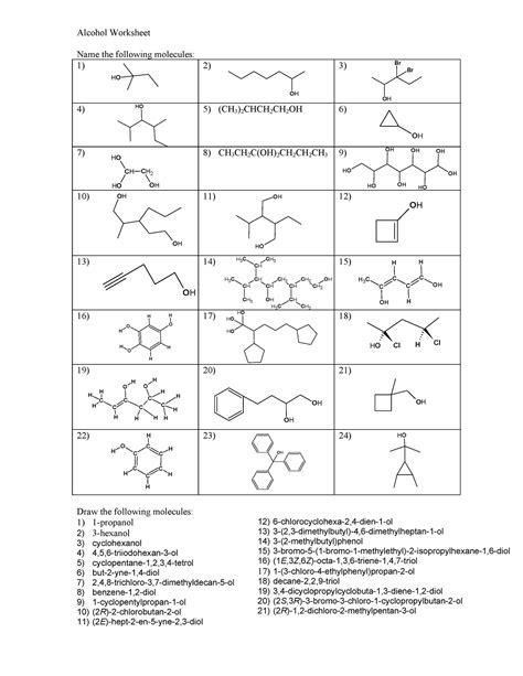 Alcohols worksheet - Nothing - Alcohol Worksheet Name the following ...