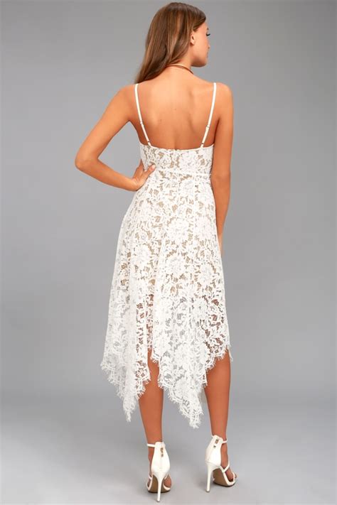 Lovely White Lace Dress Midi Dress Handkerchief Hem Dress