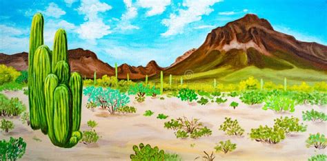 Arizona Desert Landscape Oil Painting on Canvas Stock Illustration ...