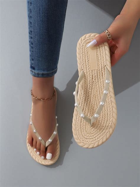 Suede Faux Pearl Decor Flip Flops White Platform Sandals Women Shoes