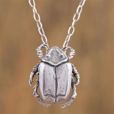 Sterling Silver Scarab Beetle Pendant Necklace From Mexico Lucky