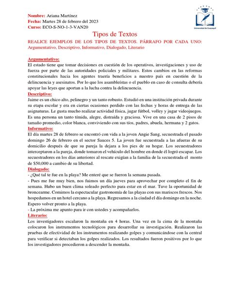 Tipos De Textos Ejemplos De Argumentativo Descriptivo Informativo Dialogado Y Literario Pdf