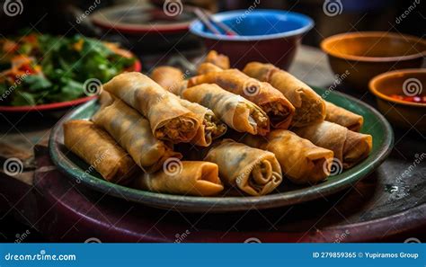 Fresh Spring Rolls Dim Sum And Dumplings On Wooden Plate Generated By Ai Stock Illustration