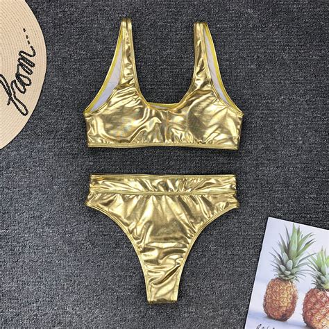 Sexy Bright Gold Silver Bikini Two Piece High Waisted Womens