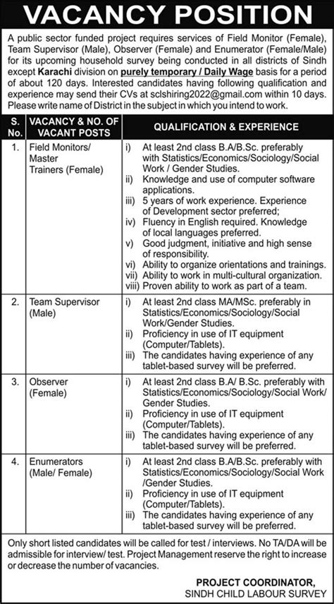 Vacancies Announcement At Public Sector Project In Karachi 2024 Job