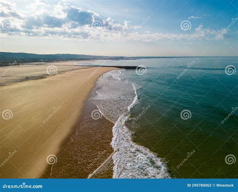 Stunning Aerial View Of The Shoreline Cova Do Vapor Beach In Trafaria