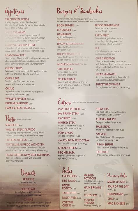 Dolly Down Grill menu in Fargo, North Dakota, USA