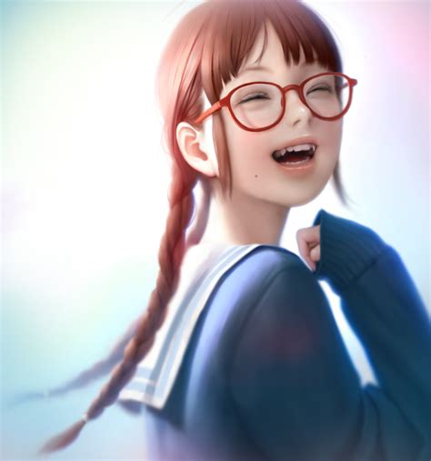 Safebooru 1girl Braid Brown Hair Closed Eyes Fang Glasses Happy