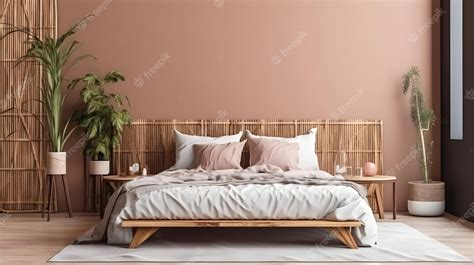 Premium Photo | A bedroom with a wooden bed and a plant on the wall.