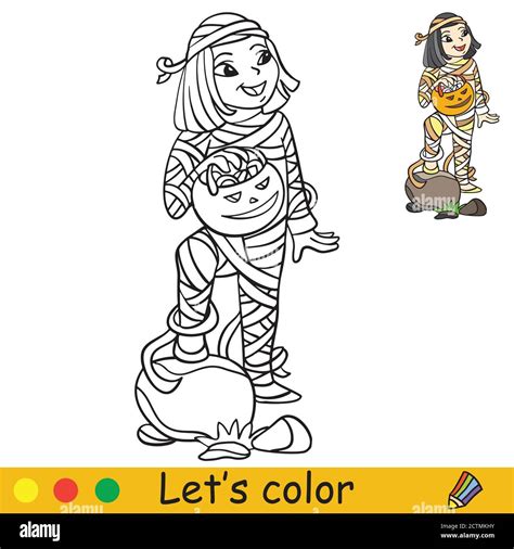 Halloween Coloring With Colored Example Cute Mummy Stock Vector Image