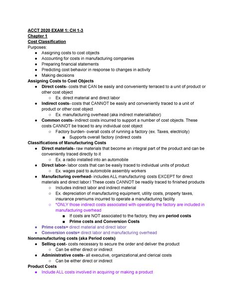 Exam 1 Study Guide Acct 2020 ACCT 2020 EXAM 1 CH 1 Chapter 1 Cost