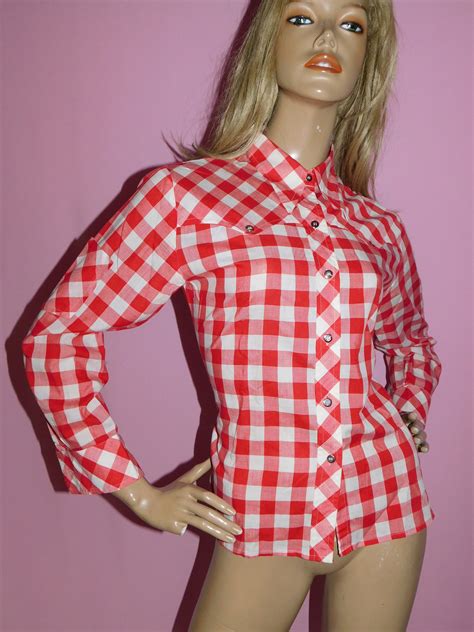 Vintage 1970s Red White Gingham Check Shirt Blouse 12 M 70s Western