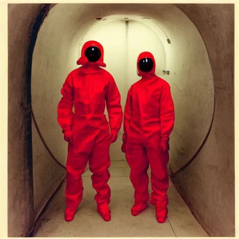 Two Scientists Wearing Red Rick Owens Hazmat Suits In Stable