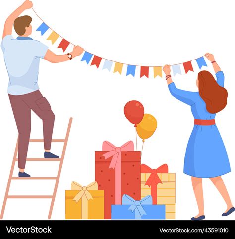 Party Preparation Man And Woman Decorating Room Vector Image