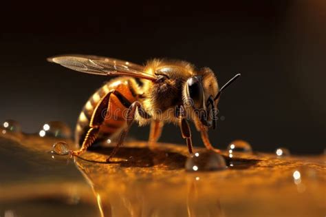 A Honey Bee Sitting On A Wet Surface And Collecting Honey Detailed