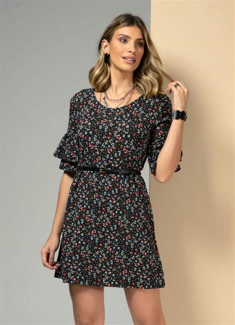 Vestido Floral Preto Babado Na Manga Quintess