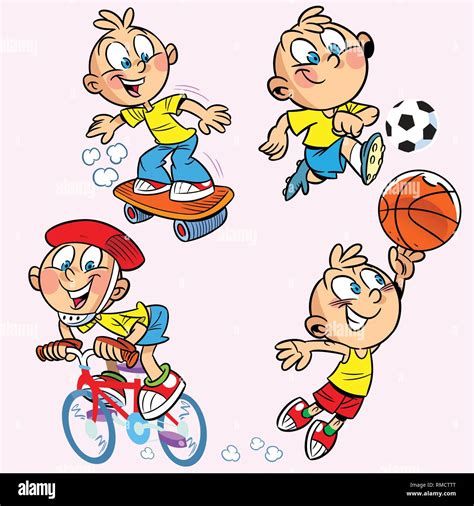 The illustration shows a boy who is engaged in several sports ...