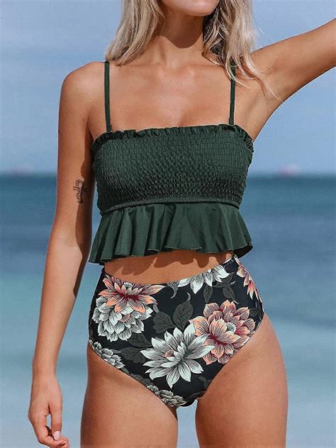 Kvinnors Bandeau Smocked Bikini Baddr Kt Rufsig Bikini Med H G Midja S Tter Tv Stycken