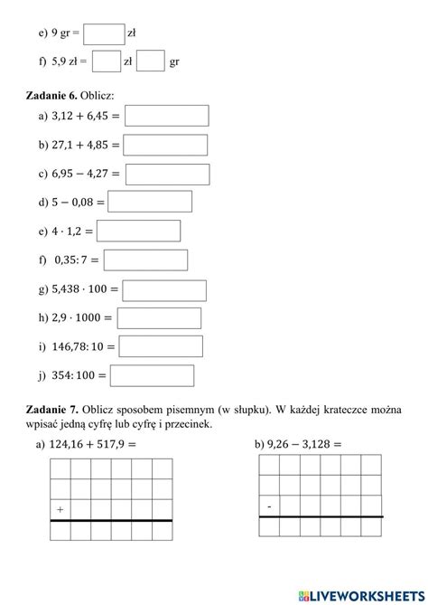 Ułamki Dziesiętne Sprawdzian Dla Klasy 5 Worksheet Workbook School