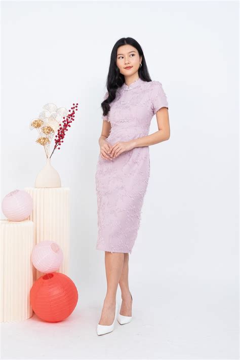 Suzette Fur Cheongsam Dress In Dust Purple 3inute