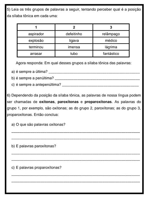 Atividade De Oxitona Paroxitona E Proparoxitona 3 Ano - NAZAEDU
