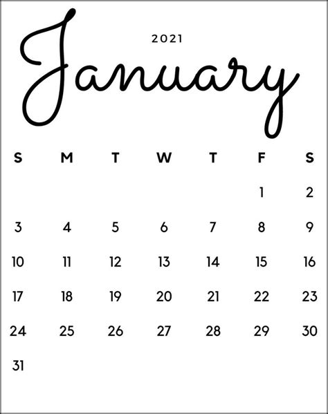 Very Simple Calendar January 2021 Free Printable