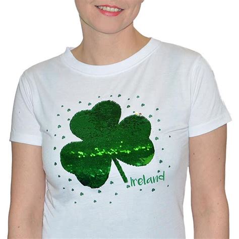 Buy Shamrock Print Ladies V Neck T Shirt With Sequins Green Colour