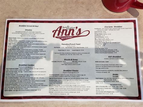 Menu at Ann's Restaurant, Franklin