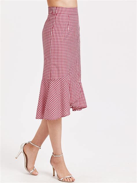 Gingham Frill Trim Asymmetric Skirt Shein Sheinside