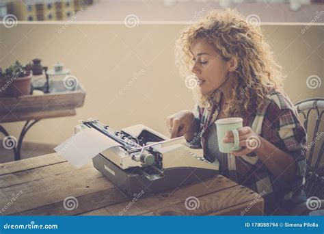 Beautiful Writer Woman With Old Typewriter Working Concept Of